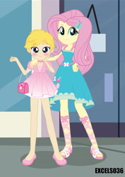 Size: 2480x3508 | Tagged: safe, alternate version, artist:excelso36, fluttershy, oc, oc:cherish lynne, equestria girls, g4, blushing, canon x oc, choker, clothes, commissioner:shortskirtsandexplosions, crossdressing, female, femboy, fluttershy likes femboys, girly, high res, makeup, male, purse, sissy, size difference, skirt, straight