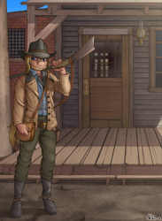 Size: 2199x3000 | Tagged: safe, artist:neko-me, earth pony, anthro, arthur morgan, building, commission, cowboy, detailed background, hat, high res, ponified, red dead redemption, red dead redemption 2, solo, weapon, wild west