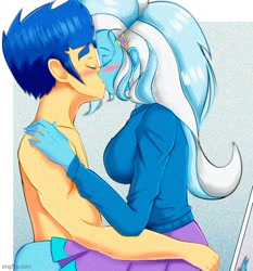 Size: 500x537 | Tagged: safe, artist:kamushek228, edit, flash sentry, trixie, equestria girls, g4, blushing, breasts, busty trixie, clothed female nude male, commission, commissioner:someguy845, cropped, duo, eyes closed, female, kissing, male, sentrixie, shipping, straight