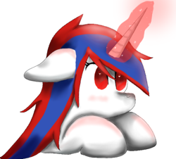 Size: 391x354 | Tagged: safe, oc, oc:snowi, pony, unicorn, blue hair, female, glowing horn, head, horn, magic, magic aura, mare, red and blue, red eyes, red hair