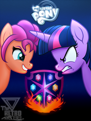 Size: 1100x1466 | Tagged: safe, artist:theretroart88, sunny starscout, twilight sparkle, alicorn, earth pony, pony, g4, g5, civil war, duo, fangirl, female, fire, g4 purist, g5 purist, g5 to g4, gradient background, in-universe pegasister, let them fight, mare, simple background, staredown, sunny and her heroine, this might end in pain, twilight sparkle (alicorn)