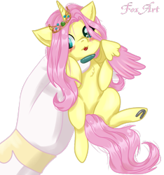 Size: 671x718 | Tagged: safe, artist:mr_fox_laziness, fluttershy, princess celestia, oc, oc:princess fluttershy, alicorn, pony, anthro, au:friendship is kindness, g4, alicorn oc, alicornified, alternate design, alternate hairstyle, alternate universe, commission, cute, doll, hand, horn, jewelry, race swap, shyabetes, story included, tiara, tongue out, toy, two toned wings, wings, ych result