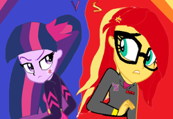 Size: 5096x3520 | Tagged: safe, sunset shimmer, twilight sparkle, human, equestria girls, g4, my little pony equestria girls: friendship games, absurd resolution, alternate universe, duo, duo female, female, frown, gritted teeth, humanized, looking at each other, needs more pixels, student, versus screen
