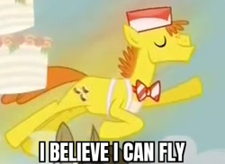 Size: 599x439 | Tagged: safe, edit, edited screencap, screencap, carrot cake, pony, g4, season 5, slice of life (episode), bowtie, cropped, eyes closed, falling with style, i believe i can fly, majestic as fuck, male, meme, r. kelly, song reference, stallion