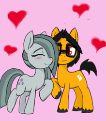 Size: 673x767 | Tagged: safe, artist:a.s.e, marble pie, oc, oc:a.s.e, earth pony, pony, g4, canon x oc, couple, duo, female, glasses, happy, heart, love, male, shipping, straight, together