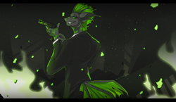 Size: 3000x1738 | Tagged: safe, artist:kyyrin, oc, oc only, oc:villainshima, changeling, hybrid, insect, anthro, anthro oc, chitin, clothes, fangs, fire, green changeling, green fire, gun, high res, solo, suit, teeth, tuxedo, weapon