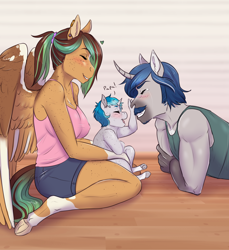 Size: 2316x2524 | Tagged: safe, artist:askbubblelee, oc, oc only, oc:bubble lee, oc:kiwi breeze, oc:silver lining, pegasus, pony, unicorn, anthro, unguligrade anthro, baby, baby pony, body freckles, clothes, crying, curved horn, dialogue, digital art, eyes closed, facial hair, family, female, foal, freckles, happy, high res, horn, male, mare, moustache, pegasus oc, shorts, smiling, stallion, tears of joy, trio, unicorn oc