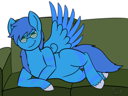 Size: 4000x3000 | Tagged: safe, artist:soupyfox, part of a set, oc, oc only, pegasus, pony, couch, glasses, lying down, male, smiling, smirk, solo, spread wings, stallion, wings