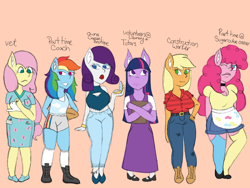 Size: 2048x1536 | Tagged: safe, artist:mintymelody, applejack, fluttershy, pinkie pie, rainbow dash, rarity, twilight sparkle, anthro, plantigrade anthro, g4, apron, clothes, digital art, eye clipping through hair, female, mane six, orange background, simple background