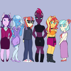 Size: 2048x2048 | Tagged: safe, artist:mintymelody, coco pommel, fizzlepop berrytwist, moondancer, starlight glimmer, sunset shimmer, tempest shadow, trixie, earth pony, anthro, plantigrade anthro, g4, converse, female, high res, shoes, simple background