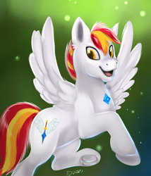 Size: 3000x3500 | Tagged: safe, artist:tehtigress, oc, oc only, oc:shining sky, pegasus, pony, commission, frog (hoof), gradient background, high res, male, open mouth, open smile, pegasus oc, signature, smiling, solo, spread wings, stallion, tail, underhoof, wings, ych result