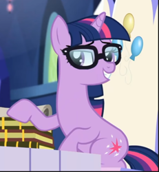 Size: 516x559 | Tagged: safe, screencap, sci-twi, twilight sparkle, pony, unicorn, equestria girls, equestria girls specials, g4, my little pony equestria girls: better together, my little pony equestria girls: spring breakdown, cropped, equestria girls ponified, glasses, lidded eyes, sitting, smiling, solo, throne, unicorn sci-twi