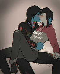 Size: 2500x3080 | Tagged: safe, artist:tavishcg, equestria girls, g4, bring me the horizon, clothes, commission, converse, disguise, disguised siren, equestria girls-ified, gay, high res, hoodie, jeans, kellin quinn, kissing, lip piercing, male, oliver sykes, pants, piercing, ripped jeans, ripped pants, shipping, shoes, sleeping with sirens, tattoo, torn clothes, ych result