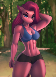 Size: 737x1000 | Tagged: safe, artist:aozee, pinkie pie, earth pony, anthro, arm behind head, armpits, bedroom eyes, belly button, biceps, breasts, busty pinkie pie, clothes, commission, detailed background, digital art, female, forest, looking at you, muscles, muscular female, pinkamena diane pie, pinkamena diane pump, pose, shorts, solo, sports bra, sports shorts, tail, thighs, tree, wide hips