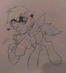 Size: 2228x2489 | Tagged: safe, artist:mirtash, oc, oc only, changeling, :p, clothes, fangs, glasses, heart, high res, hooves, one eye closed, sketch, socks, solo, striped socks, tongue out, traditional art, wink