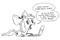Size: 962x646 | Tagged: safe, artist:mellodillo, apple bloom, earth pony, pony, g4, black and white, computer, female, filly, grayscale, implied cutie mark crusaders, implied fluttershy, laptop computer, monochrome