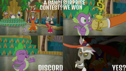 Size: 1280x720 | Tagged: safe, edit, edited screencap, editor:quoterific, screencap, big macintosh, discord, spike, draconequus, dragon, earth pony, pony, unicorn, dungeons and discords, g4, season 6, discord being discord, eyes closed, female, male, mare, open mouth, stallion