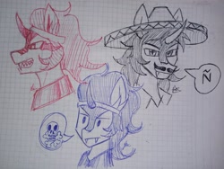 Size: 1963x1477 | Tagged: safe, artist:zachc, king sombra, pony, unicorn, g4, disembodied head, fangs, graph paper, king sombrero, sombrero, traditional art, ñ