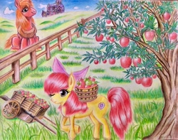 Size: 2048x1616 | Tagged: safe, artist:gommadare15, apple bloom, big macintosh, earth pony, pony, g4, apple, apple tree, barn, basket, cart, female, fence, filly, food, horse collar, male, one eye closed, orchard, stallion, tree