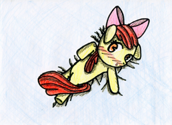 Size: 2403x1742 | Tagged: safe, artist:usb, apple bloom, earth pony, pony, g4, bed, blushing, female, filly, solo