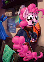 Size: 2059x2911 | Tagged: safe, artist:studlyhorn, pinkie pie, oc, oc:frosty (mec), oc:poppy seed (mec), oc:thunder wing (mec), earth pony, pony, g4, clothes, convention, ear fluff, female, happy, high res, looking back, mare, middle equestrian convention, not applejack, open mouth, open smile, poland, raised hoof, smiling, solo, underhoof