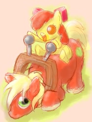 Size: 717x956 | Tagged: safe, artist:noupu, apple bloom, big macintosh, earth pony, pony, g4, adorabloom, apple bloom riding big macintosh, baby, baby apple bloom, baby pony, cute, female, filly, horse collar, male, ponies riding ponies, riding, siblings, stallion, younger