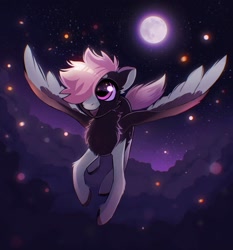 Size: 1553x1666 | Tagged: safe, artist:draw3, oc, oc only, pegasus, pony, chest fluff, cloud, coat markings, flying, moon, night, socks (coat markings), solo