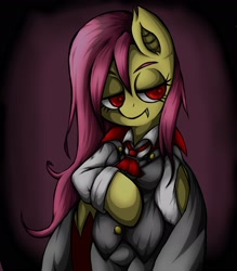 Size: 1929x2205 | Tagged: safe, artist:kyouman1010, fluttershy, bat pony, pony, vampire bat pony, g4, bat ponified, cape, clothes, fangs, flutterbat, race swap, solo, suit