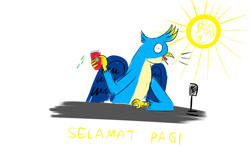 Size: 1024x615 | Tagged: safe, artist:horsesplease, gallus, party favor, griffon, pony, unicorn, g4, birb, crowing, derp, gallus the rooster, gallusposting, i didn't listen, majestic as fuck, malay, male, meme, microphone, morning, red cup, starbucks, sun, talk show