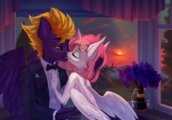 Size: 4096x2874 | Tagged: safe, artist:taneysha, oc, oc only, alicorn, pegasus, anthro, alicorn oc, bowtie, clothes, dress, flower, flower in hair, horn, romantic, suit, wings