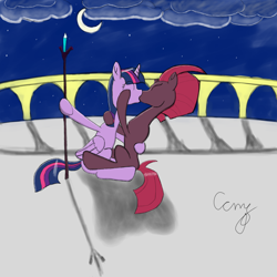 Size: 2000x2000 | Tagged: safe, artist:creepycutiemark, tempest shadow, twilight sparkle, alicorn, pony, unicorn, g4, broken horn, canterlot castle, cloud, eyes closed, female, high res, horn, kiss on the lips, kissing, lesbian, mare, moon, ship:tempestlight, shipping, staff, staff of sacanas, stars, twilight sparkle (alicorn)