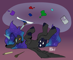 Size: 3000x2500 | Tagged: safe, artist:lionbun, oc, oc:new moon, alicorn, pony, cute, female, filly, high res, lying down, mare, offspring, on back, painting, parent:princess luna, parents:canon x oc, patreon, patreon reward