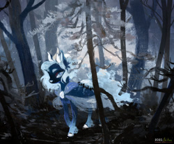 Size: 900x746 | Tagged: safe, artist:wolfiedrawie, oc, oc only, oc:eerie melancholia, pony, cloak, clothes, forest, solo, tree