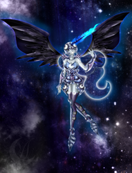 Size: 1486x1941 | Tagged: safe, artist:anzhelee, nightmare moon, human, g4, alicorn humanization, clothes, ethereal mane, female, galaxy mane, glowing horn, grin, helmet, horn, horned humanization, humanized, smiling, solo, space, stars, winged humanization, wings