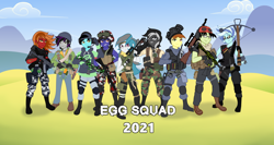 Size: 3000x1600 | Tagged: safe, artist:deadinside97, oc, oc only, oc:alan darrellstein, oc:artemis centauri, oc:aurora dusk, oc:austin strings, oc:dark obsidian, oc:eclipse shadow, oc:paladin colt, oc:silver dawn, oc:skynight sleuth, equestria girls, g4, ar-15, assault rifle, beanie, black clothes, boots, call of duty, call of duty: black ops cold war, camouflage, clothes, cloud, cross, cross necklace, crossbow, gas mask, glasses, gloves, grenade, gun, hand on hip, hat, headset, helmet, heterochromia, holster, hoodie, jewelry, knee pads, knife, long sleeves, m16, m16a1, mask, mp5, necklace, pants, rifle, rolled up sleeves, shadow, shirt, shoes, short sleeves, show accurate, silvadin, steyr aug, submachinegun, sunglasses, suppressor, tattoo, vest, walkie talkie, weapon