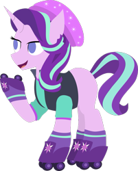 Size: 985x1226 | Tagged: safe, artist:samsailz, starlight glimmer, pony, unicorn, g4, beanie, clothes, equestria girls outfit, female, hat, lineless, mare, roller skates, simple background, skates, smiling, solo, transparent background