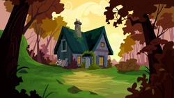 Size: 1280x720 | Tagged: safe, screencap, g4, season 5, slice of life (episode), background, cloud, cranky and matilda's home, dawn, forest, house, scenery, scenic ponyville, tree