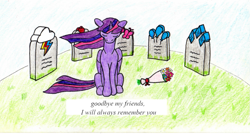 Size: 759x406 | Tagged: safe, artist:superdwarf3000, twilight sparkle, alicorn, pony, g4, gravestone, grieving, immortality blues, mourning, remembrance, solo, twilight sparkle (alicorn), twilight will outlive her friends