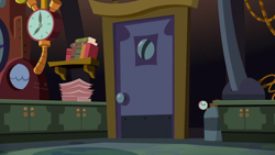 Size: 1280x720 | Tagged: safe, screencap, g4, season 5, slice of life (episode), background, book, clock, door, laboratory, liminal space, machinery, no pony, scenic ponyville
