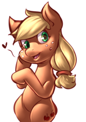 Size: 518x737 | Tagged: safe, artist:applepost67, applejack, earth pony, pony, g4, bipedal, cute, female, floating heart, hatless, heart, hind legs, hoof on cheek, jackabetes, legs together, mare, missing accessory, open mouth, open smile, simple background, smiling, solo, white background