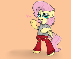 Size: 4056x3337 | Tagged: safe, artist:background basset, fluttershy, pegasus, pony, g4, alternate hairstyle, bipedal, clothes, hi, pants, shirt, simple background, solo, text, tomboy, torn clothes, waving