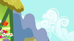 Size: 1280x720 | Tagged: safe, screencap, g4, slice of life (episode), background, cloud, flower, flower shop, house, mountain, no pony, ponyville, scenic ponyville