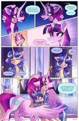 Size: 2301x3549 | Tagged: safe, artist:darlyjay, princess cadance, twilight sparkle, oc, oc:sterling sentry, alicorn, pony, unicorn, comic:save the harmony, g4, aunt, aunt and niece, aunt cadance, female, high res, hug, mare, niece, offspring, parent:flash sentry, parent:twilight sparkle, parents:flashlight, twilight sparkle (alicorn), winghug, wings