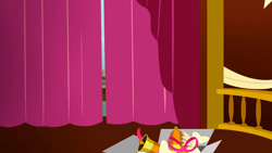Size: 1280x720 | Tagged: safe, screencap, g4, season 5, slice of life (episode), background, bell, box, curtains, liminal space, no pony, ponyville town hall, scenic ponyville