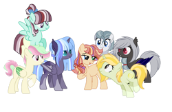 Size: 1920x1249 | Tagged: safe, artist:teal-quil, oc, oc only, oc:air stream, oc:blood blossom, oc:cable stitch, oc:fermata forte, oc:lemon drizzle, oc:starlight sparkle, oc:wild strikes, alicorn, bat pony, bat pony alicorn, earth pony, pegasus, pony, unicorn, bat wings, horn, magical lesbian spawn, offspring, parent:bon bon, parent:lyra heartstrings, parent:moondancer, parent:octavia melody, parent:vinyl scratch, parent:zephyr breeze, parents:lyrabon, parents:scratchtavia, transgender, wings