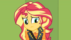 Size: 3410x1920 | Tagged: safe, screencap, sunset shimmer, equestria girls, equestria girls series, forgotten friendship, g4, clothes, cute, cutie mark, cutie mark on clothes, female, geode of empathy, jacket, jewelry, leather, leather jacket, lockers, magical geodes, necklace, sad, sadorable, shimmerbetes, solo