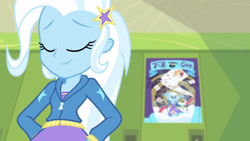 Size: 3410x1920 | Tagged: safe, screencap, trixie, equestria girls, equestria girls series, forgotten friendship, g4, blurry background, clothes, cutie mark, cutie mark on clothes, eyes closed, female, hairpin, hoodie, lockers, poster, smiling, solo