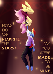 Size: 2894x4093 | Tagged: safe, artist:jellysketch, fluttershy, rainbow dash, pegasus, anthro, unguligrade anthro, g4, clothes, crossover, female, leotard, lesbian, looking at each other, looking into each others eyes, lyrics, rewrite the stars, ship:flutterdash, shipping, song, song reference, text, the greatest showman, trapeze