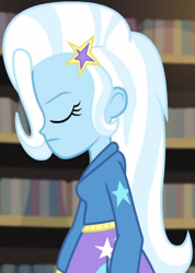 Size: 1920x2691 | Tagged: safe, screencap, trixie, equestria girls, equestria girls series, forgotten friendship, g4, clothes, cropped, cutie mark, cutie mark on clothes, eyes closed, hairpin, hoodie, library, solo