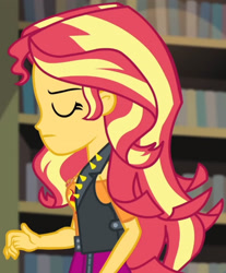 Size: 1920x2323 | Tagged: safe, screencap, sunset shimmer, equestria girls, equestria girls specials, g4, my little pony equestria girls: better together, my little pony equestria girls: forgotten friendship, clothes, cropped, cutie mark, cutie mark on clothes, eyes closed, geode of empathy, jacket, jewelry, leather, leather jacket, library, magical geodes, necklace, solo